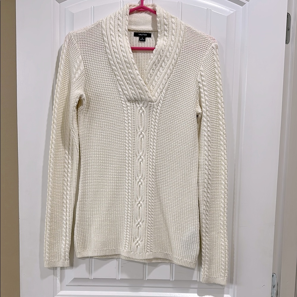Nautica Cream Cowl Neck Sweater with Cable Knit Design